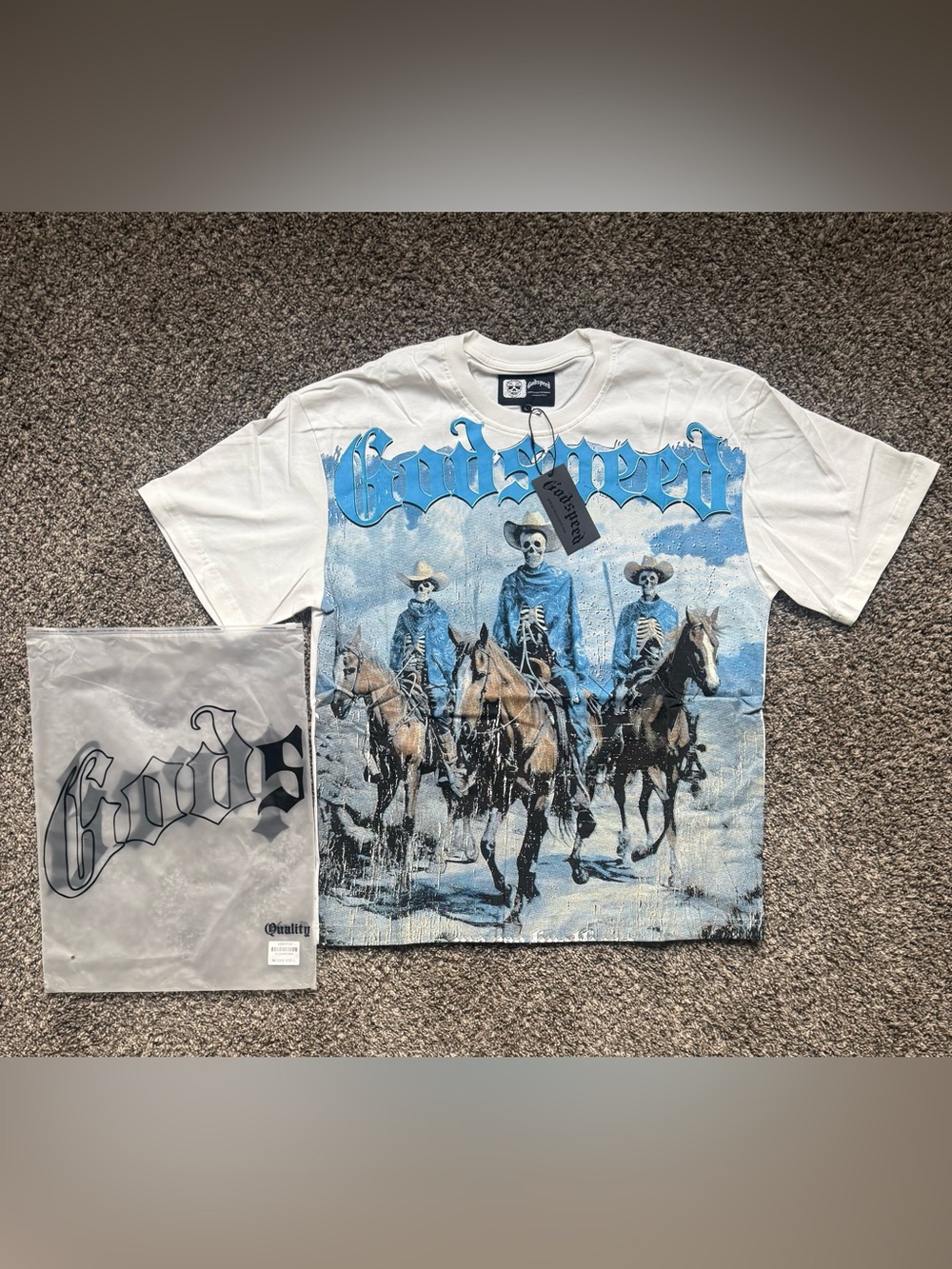 Godspeed White Short Sleeve Graphic Tee with Blue Western Skeleton Print